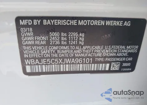 2018 BMW 540I из США, поврежденный, VIN WBAJE5C5XJWA96101